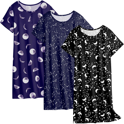 Ekouaer 3 Pack Women's Sleepshirts Soft Sleepwear Short Sleeve T-Shirt Nightgowns Casual Sleepdress Nightshirts