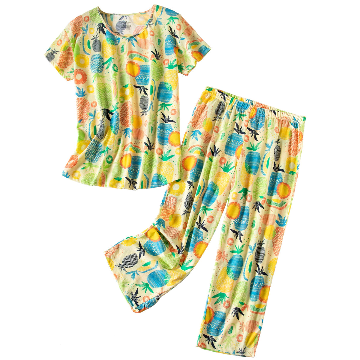 PNAEONG Womens Pajama Set Cotton Short Sleeve Top with Capri Pants Soft Pjs