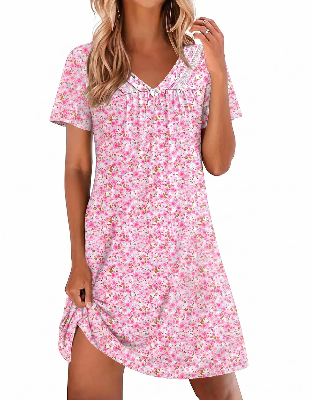 Ekouaer Nightgowns for Women V Neck Sleepshirt Short Sleeve Nightdress Lace Trim Night Gown House Dress with Pockets