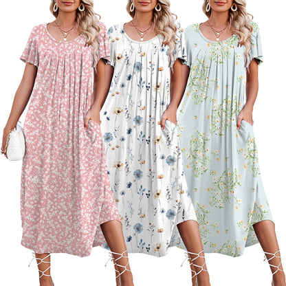 Ekouaer 3 Pack Long Nightgowns for Women House Dress with Pocket Moo Moos