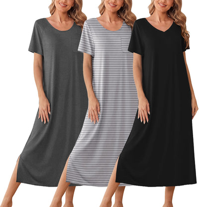 Ekouaer Long Nightgowns for Women 3 Pack Plus Size Short Sleeve House Dress