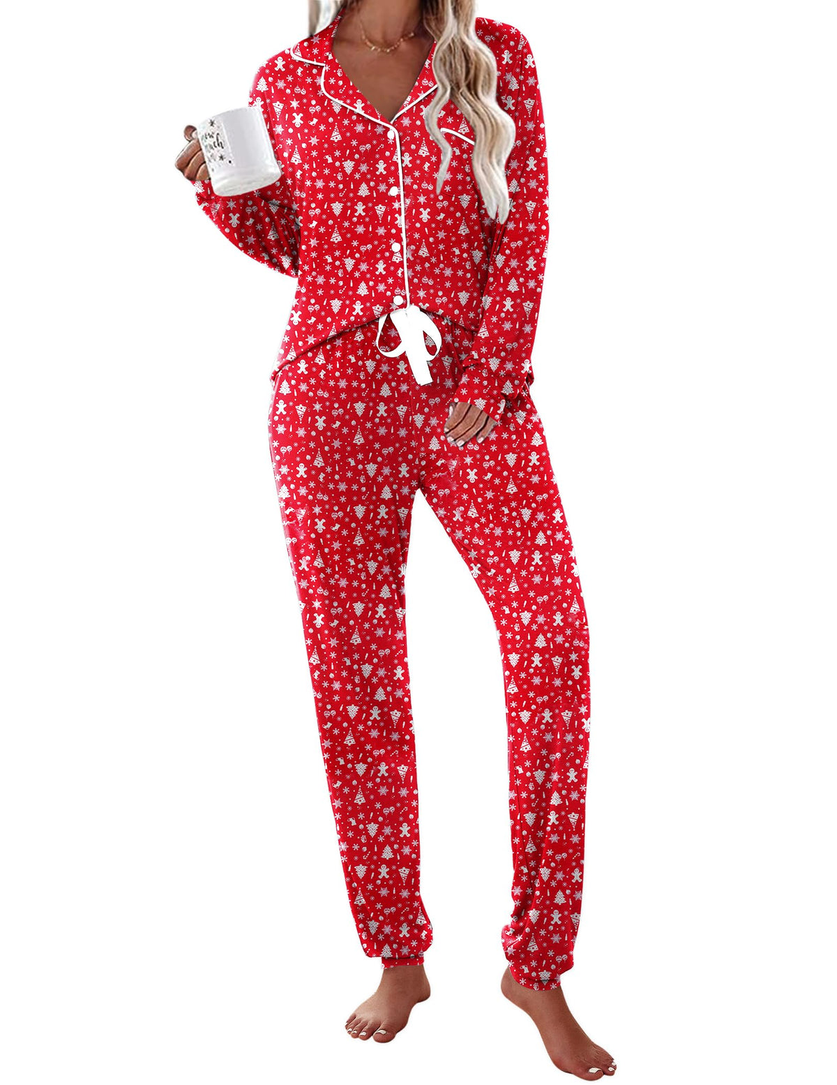 Ekouaer Pajamas Set Long Sleeve Sleepwear Womens Button Down Soft Pjs
