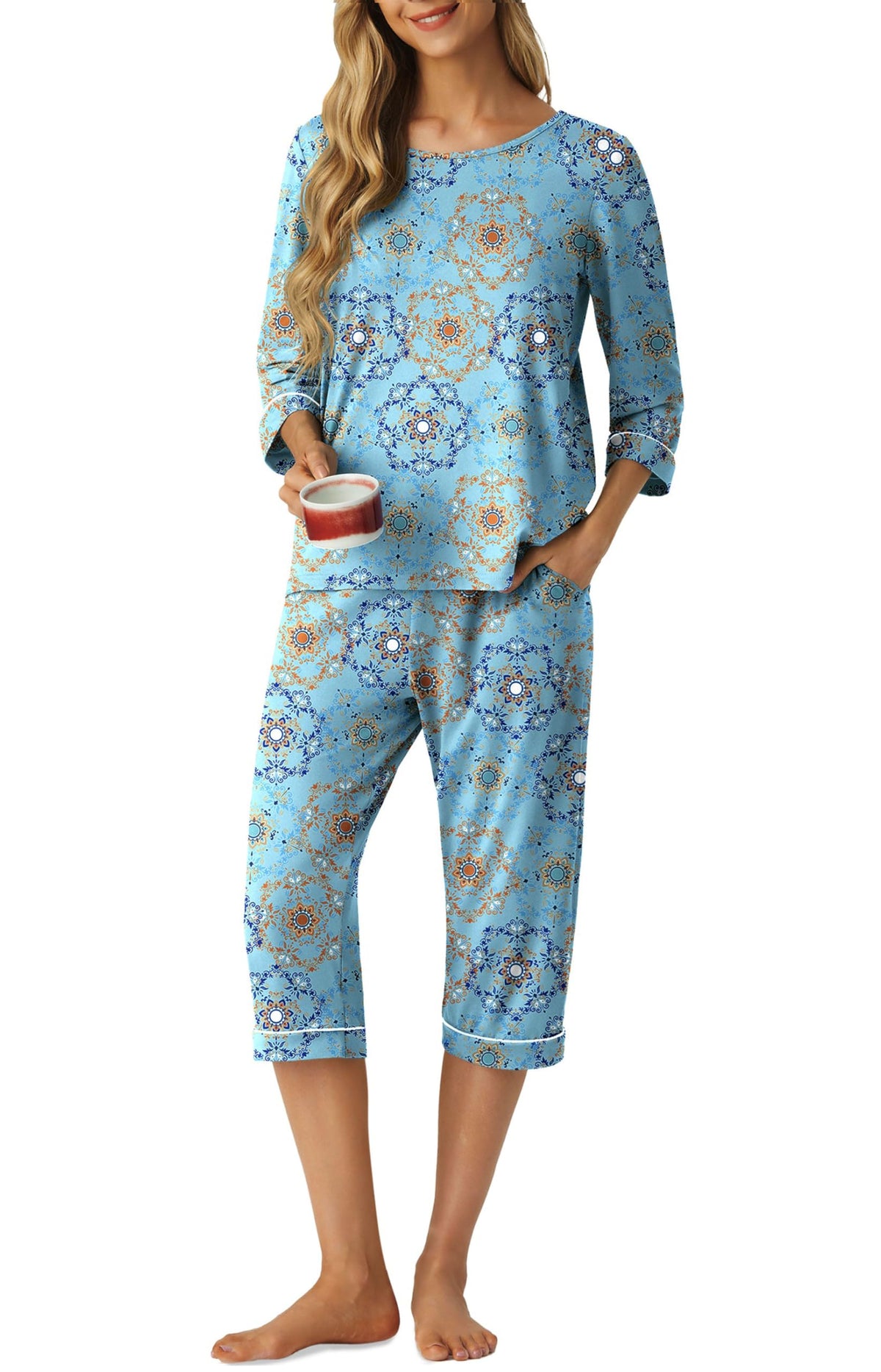 PrinStory Womens Pajama Sets Capri Pjs Soft Lounge Sets XS-4XL