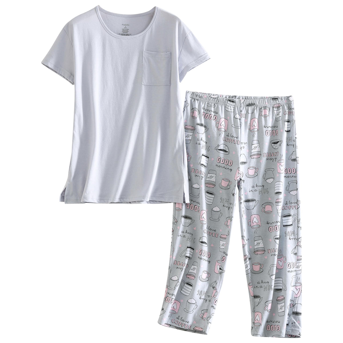 PNAEONG Womens Pajama Set Cotton Short Sleeve Top with Capri Pants Soft Pjs