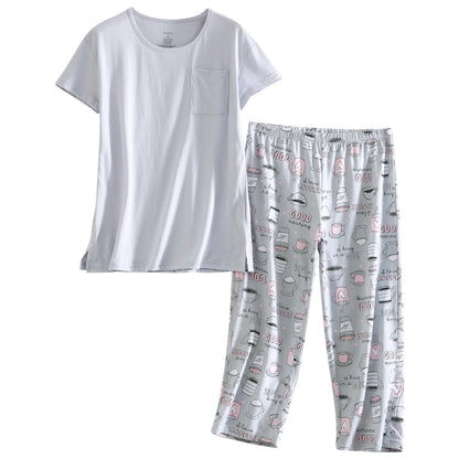 PNAEONG Womens Pajama Set Cotton Short Sleeve Top with Capri Pants Soft Pjs