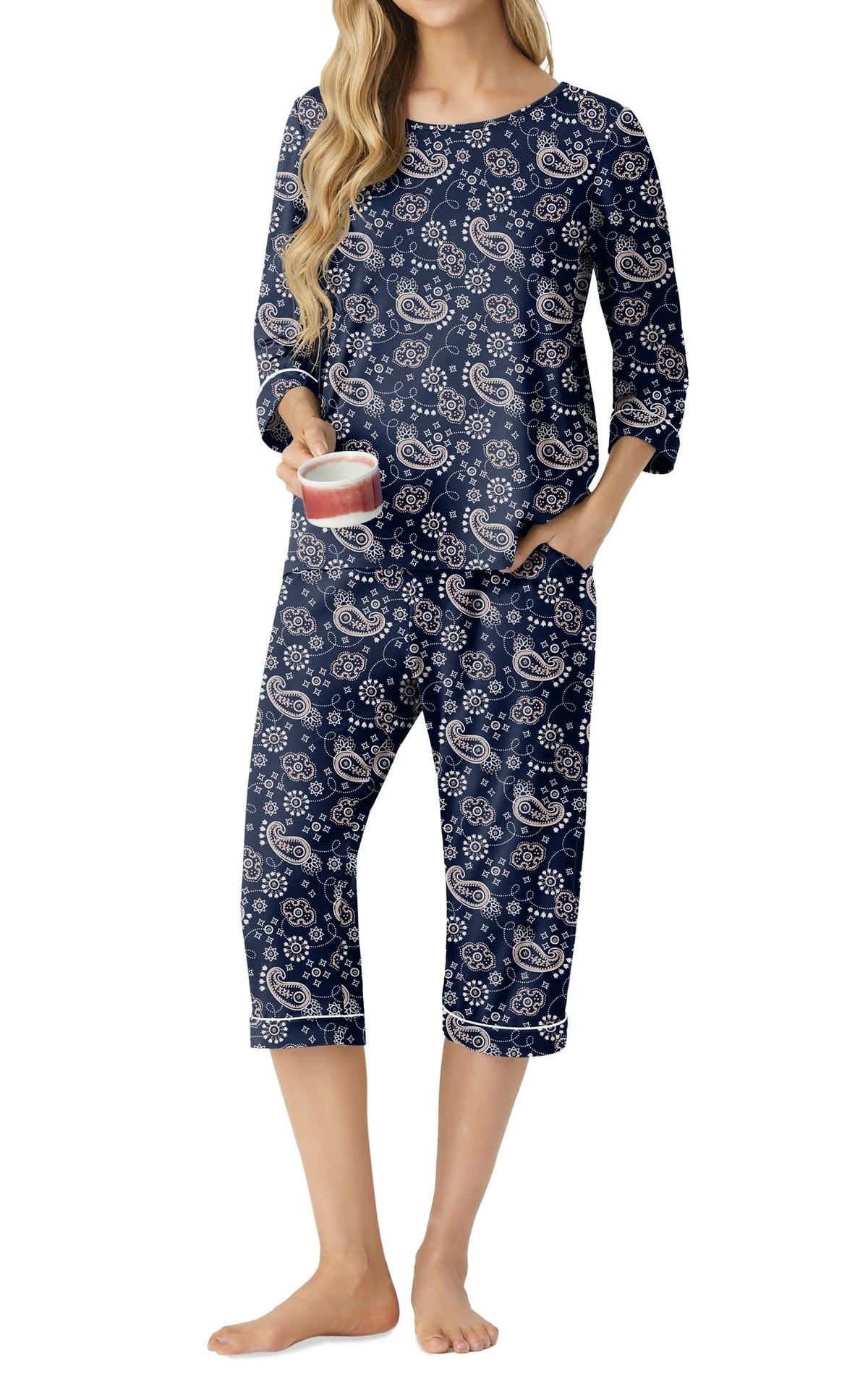 PrinStory Womens Pajama Sets Capri Pjs Soft Lounge Sets XS-4XL