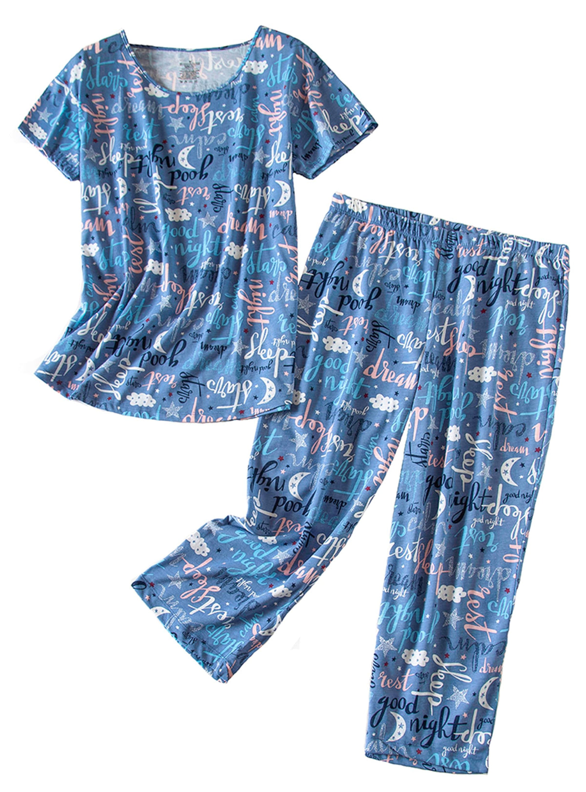 PNAEONG Womens Pajama Set Cotton Short Sleeve Top with Capri Pants Soft Pjs