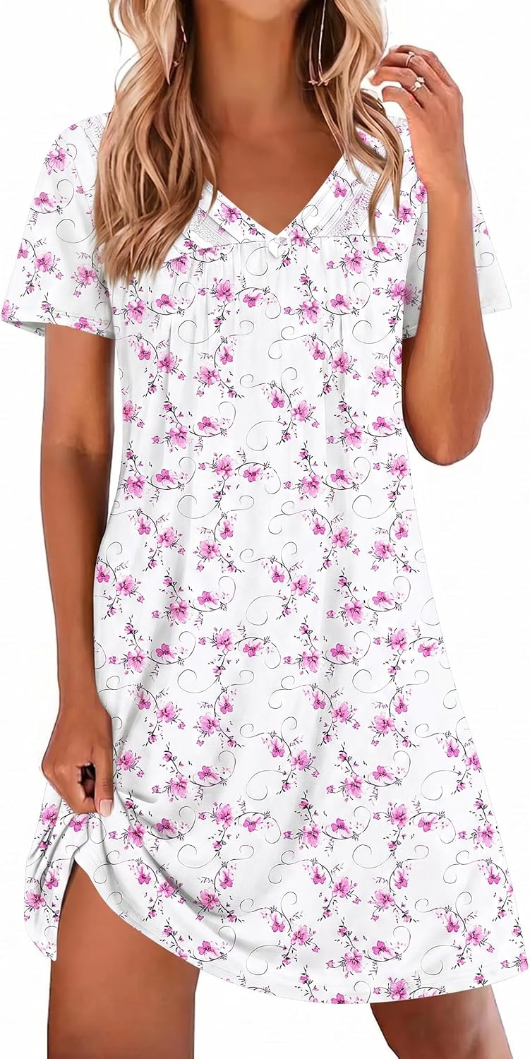 Ekouaer Nightgowns for Women V Neck Sleepshirt Short Sleeve Nightdress Lace Trim Night Gown House Dress with Pockets