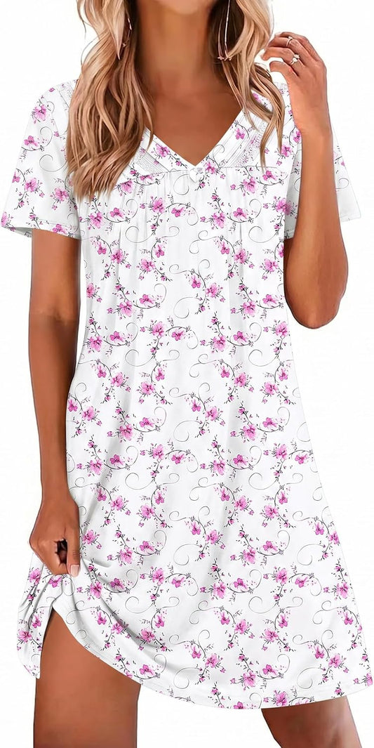 Ekouaer Nightgowns for Women V Neck Sleepshirt Short Sleeve Nightdress Lace Trim Night Gown House Dress with Pockets