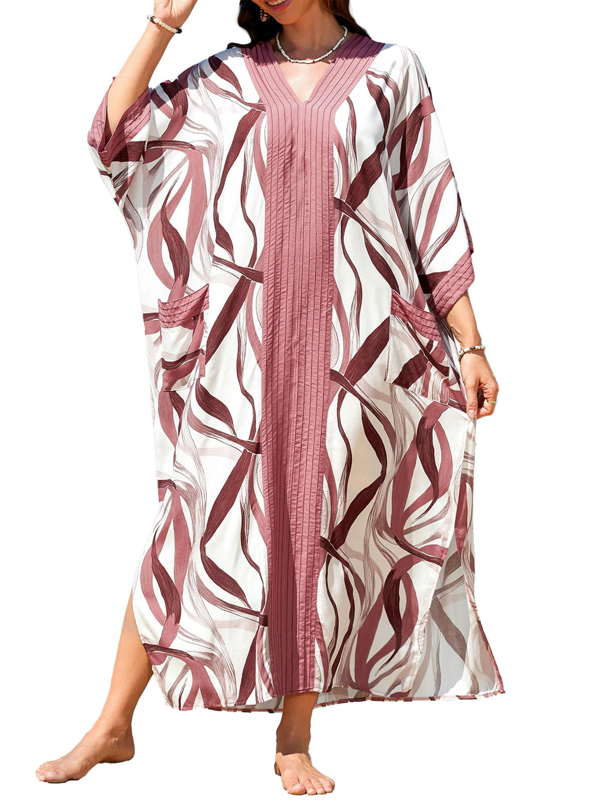 cthseie Women's Kaftan Dress Plus Size V-Neck Pocket Lightweight Swimwear Coverups Moomoo Nightgown Beach Loungewear