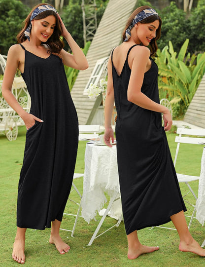 Marvmys Women's Cotton Long Nightgowns Sleeveless Sleep Dress with Pockets