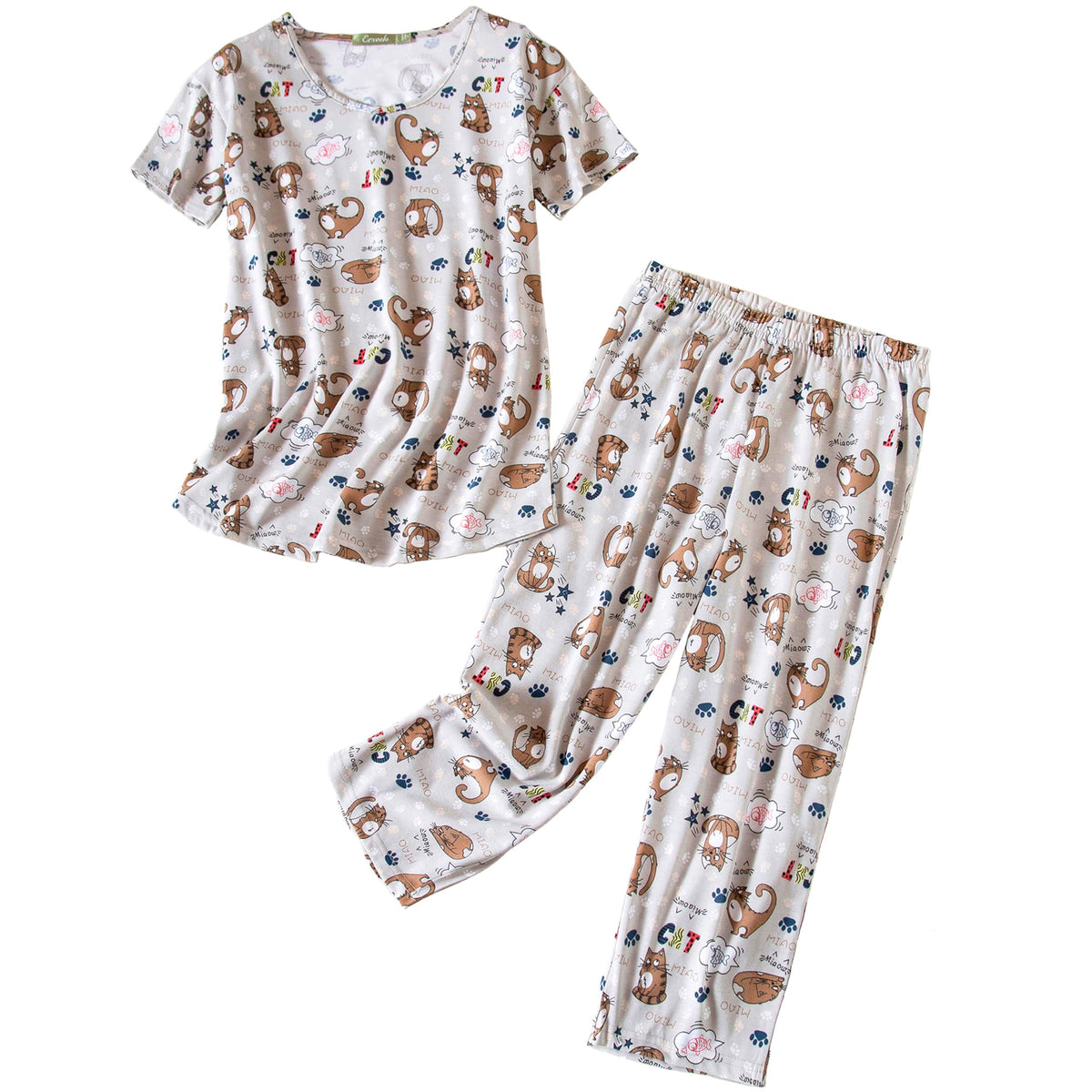PNAEONG Womens Pajama Set Cotton Short Sleeve Top with Capri Pants Soft Pjs