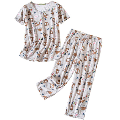 PNAEONG Womens Pajama Set Cotton Short Sleeve Top with Capri Pants Soft Pjs