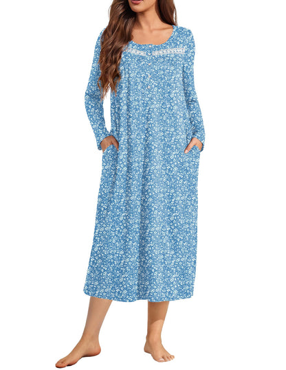 Ekouaer Long Sleeve Nightgown for Women Long Henley House Dress with Pocket