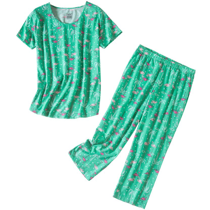 PNAEONG Womens Pajama Set Cotton Short Sleeve Top with Capri Pants Soft Pjs