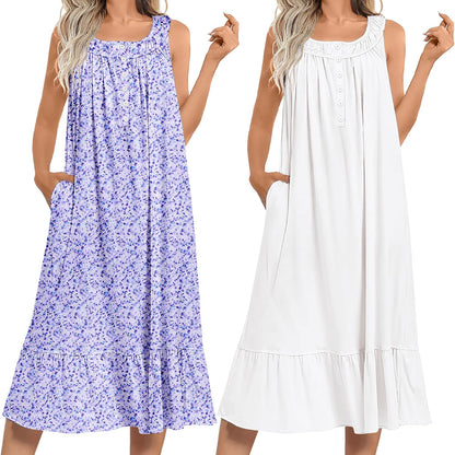 Ekouaer 2 Pack Nightgowns for Women Sleeveless Long Night Gowns Victorian Nightdress with Pockets Soft Ladies Gown