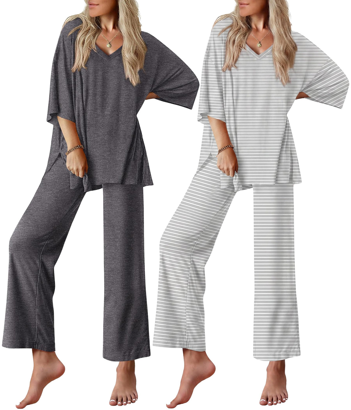 Ekouaer 2 Packs Lounge Set for Women Short Sleeve Pajamas Top and Long Pant