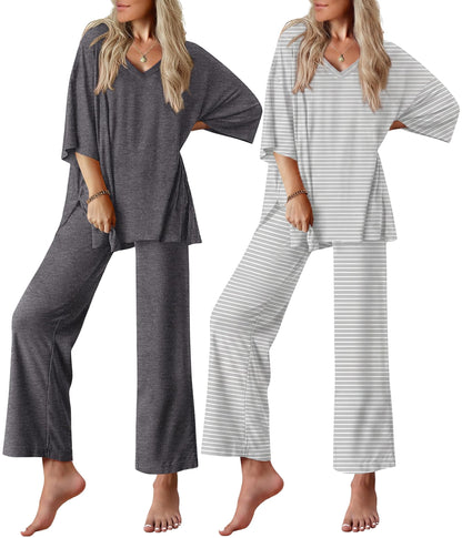 Ekouaer 2 Packs Lounge Set for Women Short Sleeve Pajamas Top and Long Pant