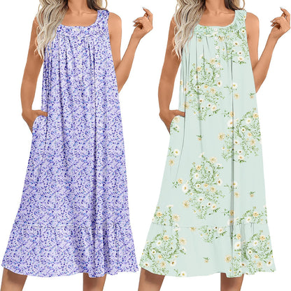 Ekouaer 2 Pack Nightgowns for Women Sleeveless Long Night Gowns Victorian Nightdress with Pockets Soft Ladies Gown