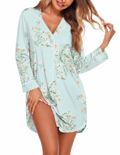 Ekouaer Womens Nightgown Long Sleeve Nightshirt Soft Button Down Sleepshirt