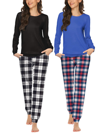 Ekouaer 2 Pack Pajama Sets for Women,Long Sleeve Top Jogger Pant Loungewear