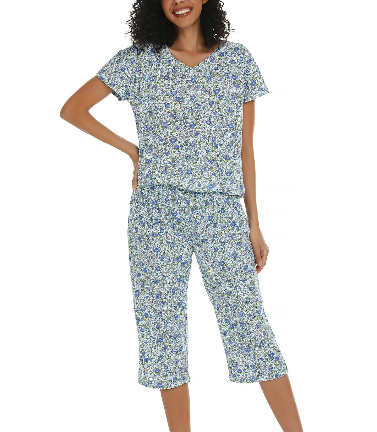 ENJOYNIGHT Womens Pajama Set Cotton Short Sleeve Top With Capri Pants Pj