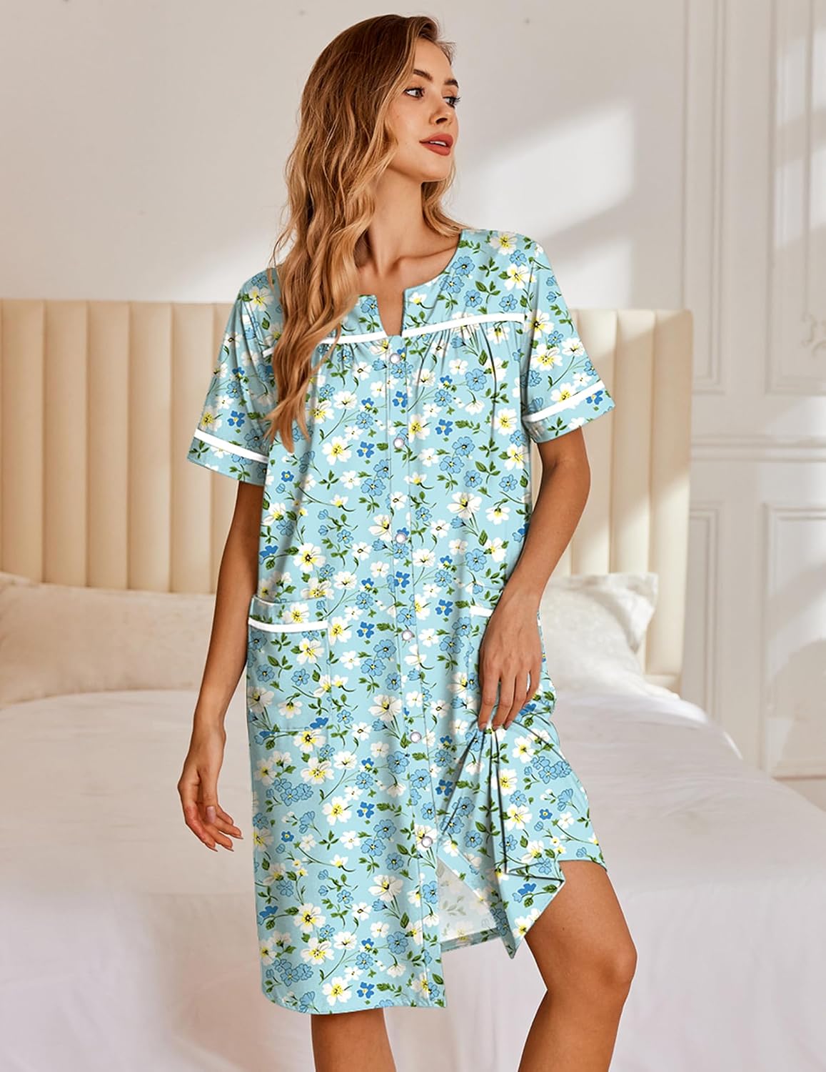 Ekouaer Nightgowns for Women House Dress with Pockets Snap Front House Coat