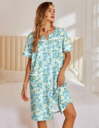 Ekouaer Nightgowns for Women House Dress with Pockets Snap Front House Coat