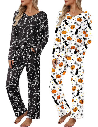 Ekouaer Women's 2 Pack Long Sleeve Pajama Sets V Neck Lounge Sets