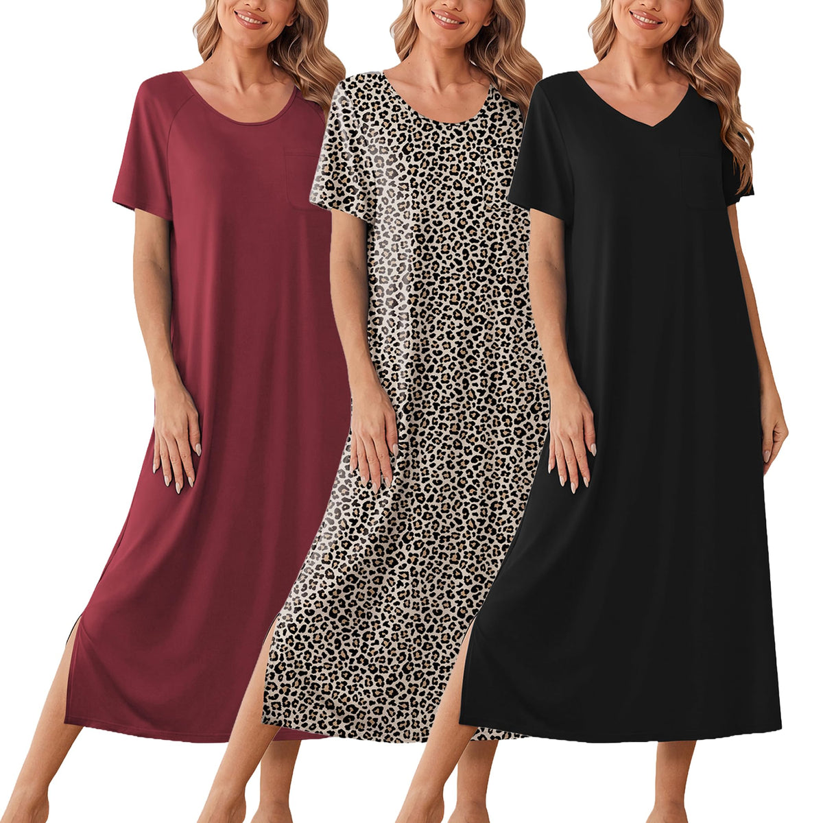 Ekouaer Long Nightgowns for Women 3 Pack Plus Size Short Sleeve House Dress