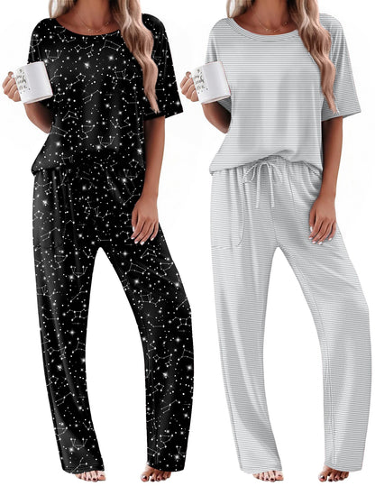 Ekouaer 2 Pack Womens Pajamas Sets Short Sleeve Long Pants Pjs Lounge Set