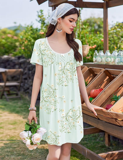 Ekouaer Nightgowns for Women Pleated Sleep Shirts Short Sleeve Night Shirts
