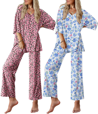Ekouaer 2 Packs Lounge Set for Women Short Sleeve Pajamas Top and Long Pant