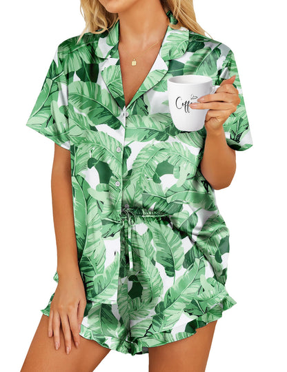 HOTOUCH Womens Satin Pajamas Set Button Down 2 Piece Ruffle Shorts Set
