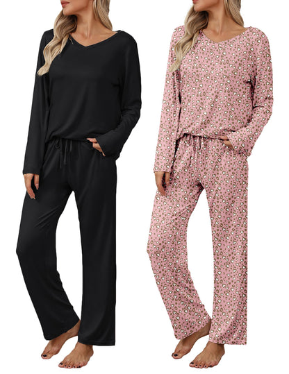 Ekouaer Women's 2 Pack Long Sleeve Pajama Sets V Neck Lounge Sets