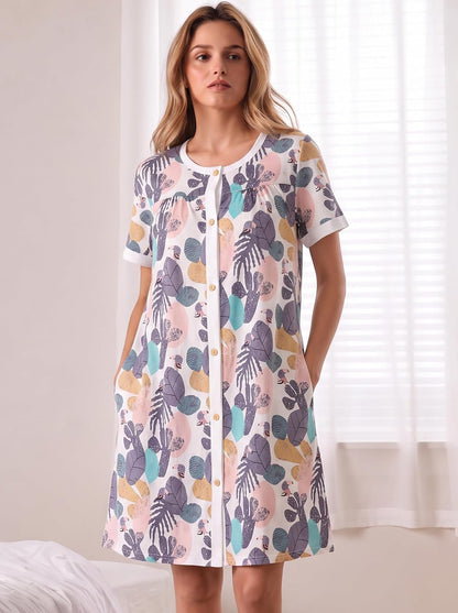 YOZLY House Dress for Women Short Sleeve House Coats Dusters Robe Moomoo nightgowns with Pockets