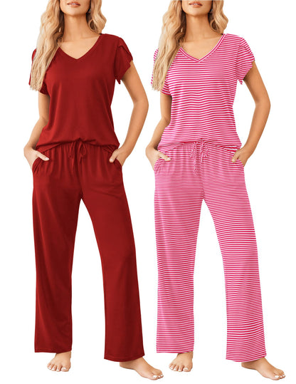 Ekouaer 2 Pack Womens Pajama Set Short Sleeve Sleepwear Soft Pjs Lounge Set