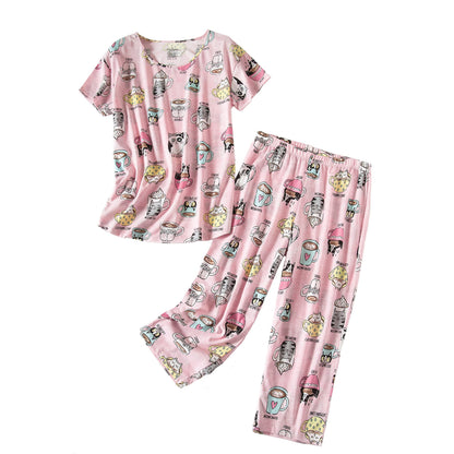 PNAEONG Womens Pajama Set Cotton Short Sleeve Top with Capri Pants Soft Pjs