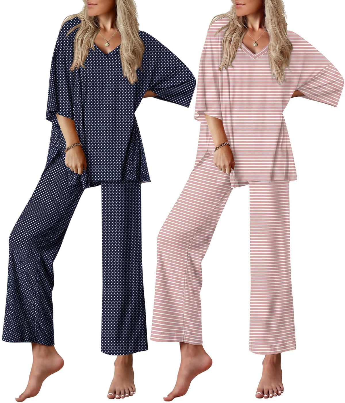 Ekouaer 2 Packs Lounge Set for Women Short Sleeve Pajamas Top and Long Pant