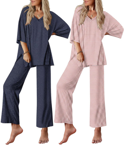 Ekouaer 2 Packs Lounge Set for Women Short Sleeve Pajamas Top and Long Pant