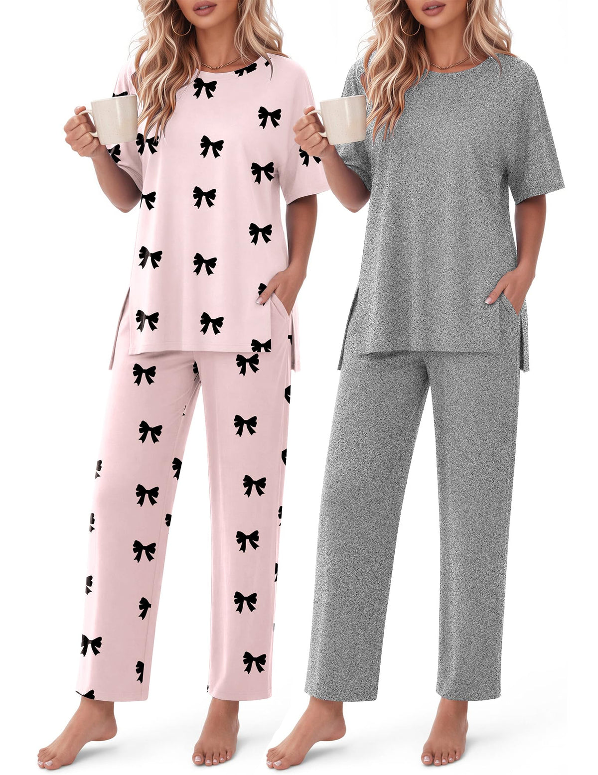 Ekouaer Women's Lounge Sets Short Sleeve Top Long Pants 2 Piece Outfit Set