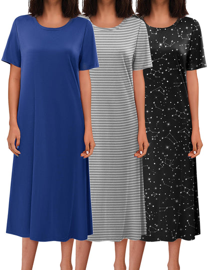 Ekouaer 3 Pack Long Nightgowns for Women House Dress Plus Size Nightshirt