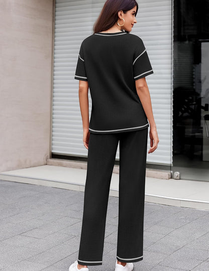 Ekouaer 2 Piece Summer Waffle Knit Lounge Sets For Women Short Sleeve Top and Long Pant Pajama Set Loungewear Pjs Set