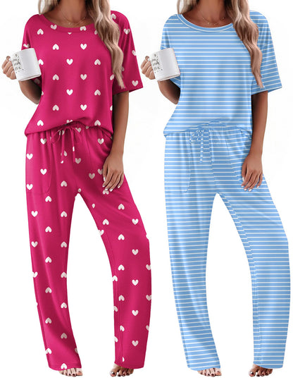 Ekouaer 2 Pack Womens Pajamas Sets Short Sleeve Long Pants Pjs Lounge Set