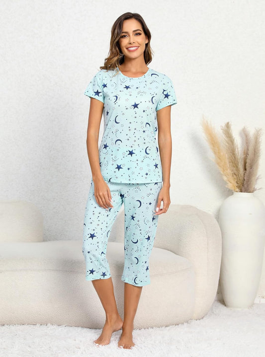 PNAEONG Womens Pajama Set Cotton Short Sleeve Top with Capri Pants Soft Pjs