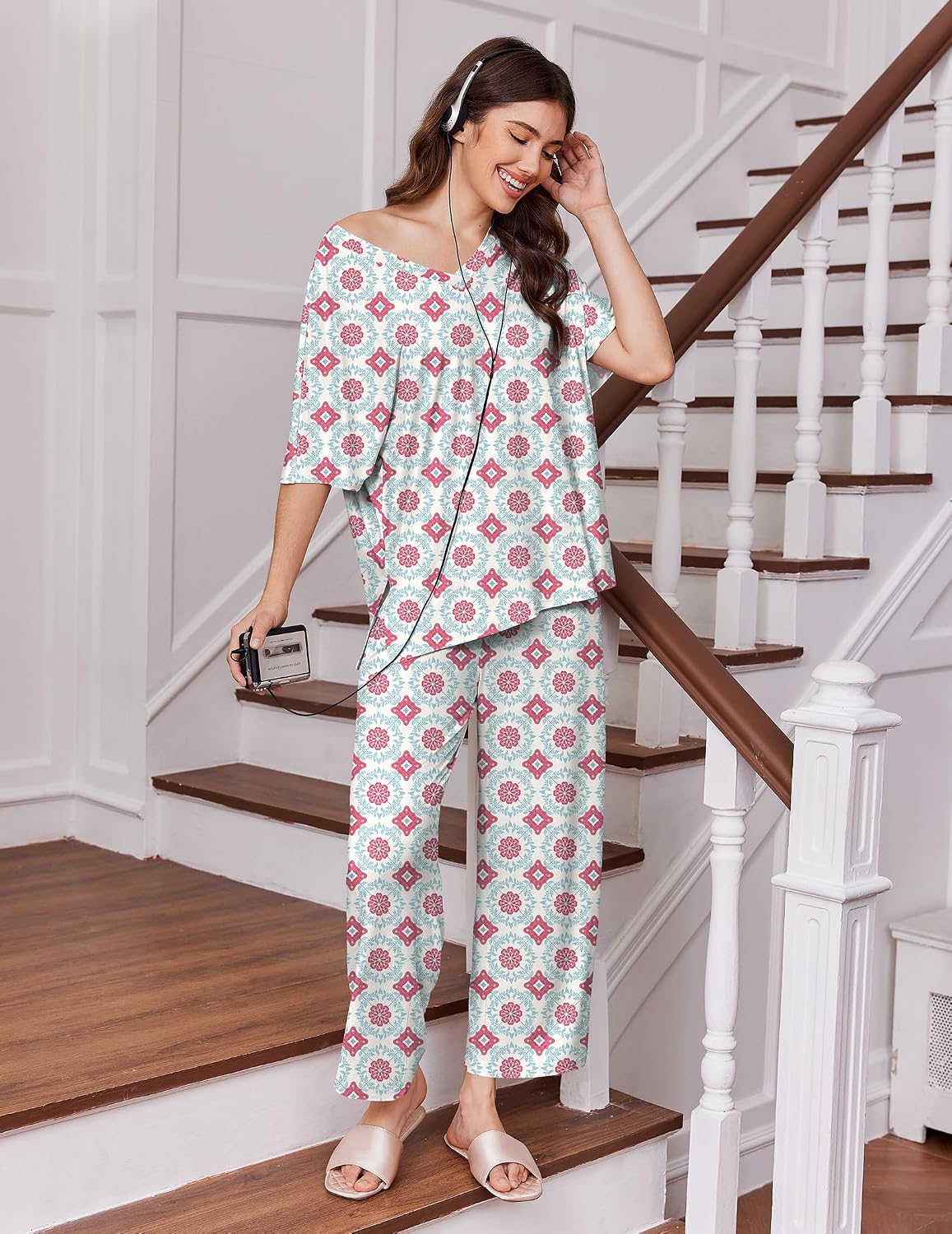 Ekouaer 2 Packs Lounge Set for Women Short Sleeve Pajamas Top and Long Pant