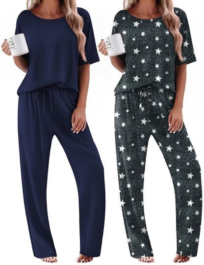 Ekouaer 2 Pack Womens Pajamas Sets Short Sleeve Long Pants Pjs Lounge Set