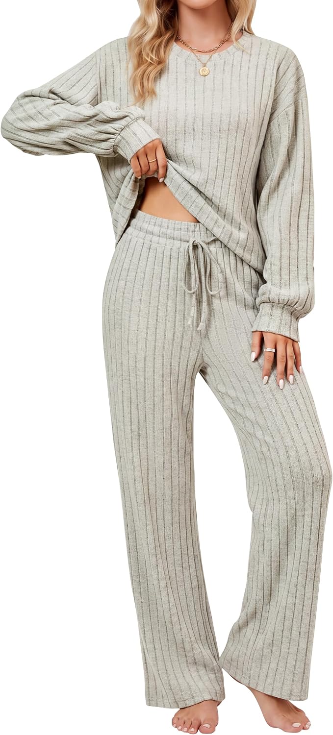 Blooming Jelly Women Ribbed Long Sleeve Pajama Sets Fall Loungewear Pockets