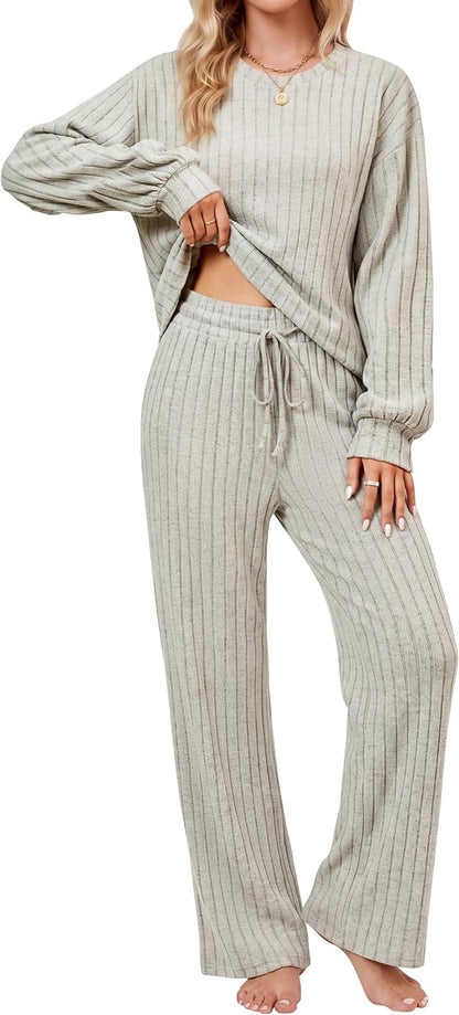 Blooming Jelly Women Ribbed Long Sleeve Pajama Sets Fall Loungewear Pockets