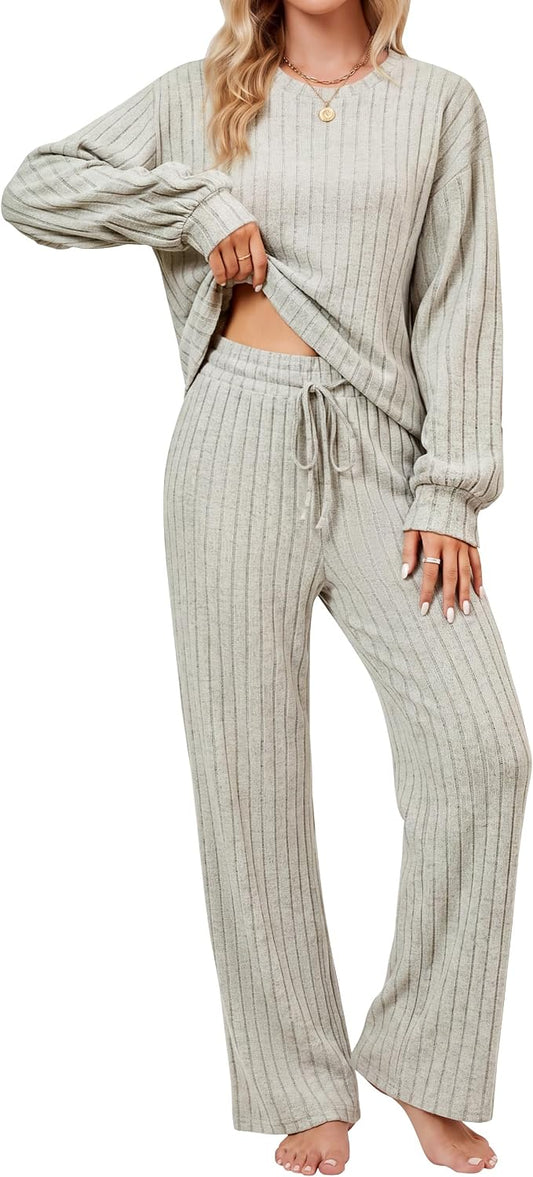 Blooming Jelly Women Ribbed Long Sleeve Pajama Sets Fall Loungewear Pockets